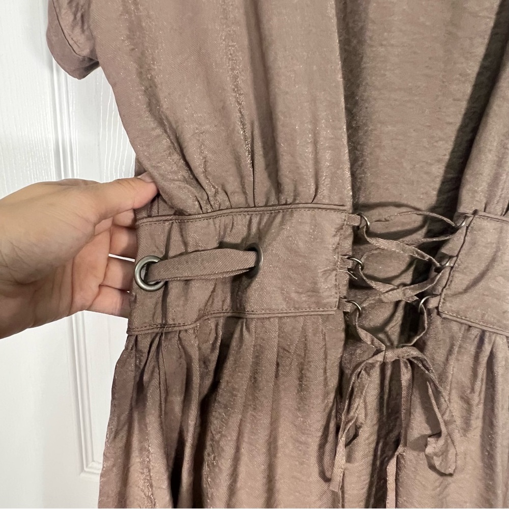 Edge Brown Button Tie Waist Lightweight Corset Back Casual Summer Dress - Picture 8 of 10